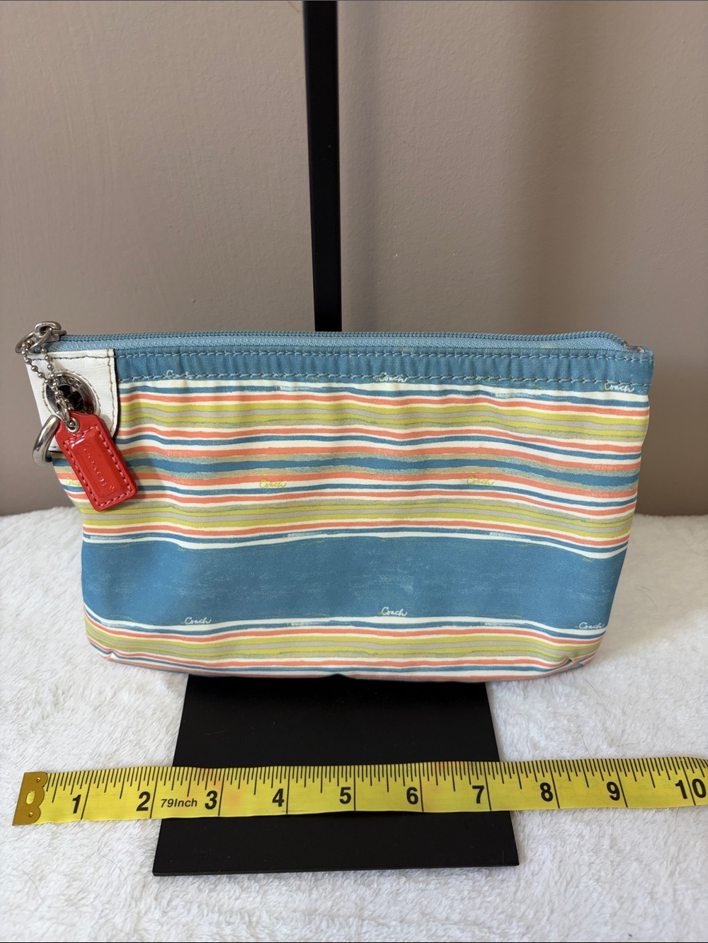Rare. Coach Light Blue Multicolor Striped Zip Cosmetic Pouch